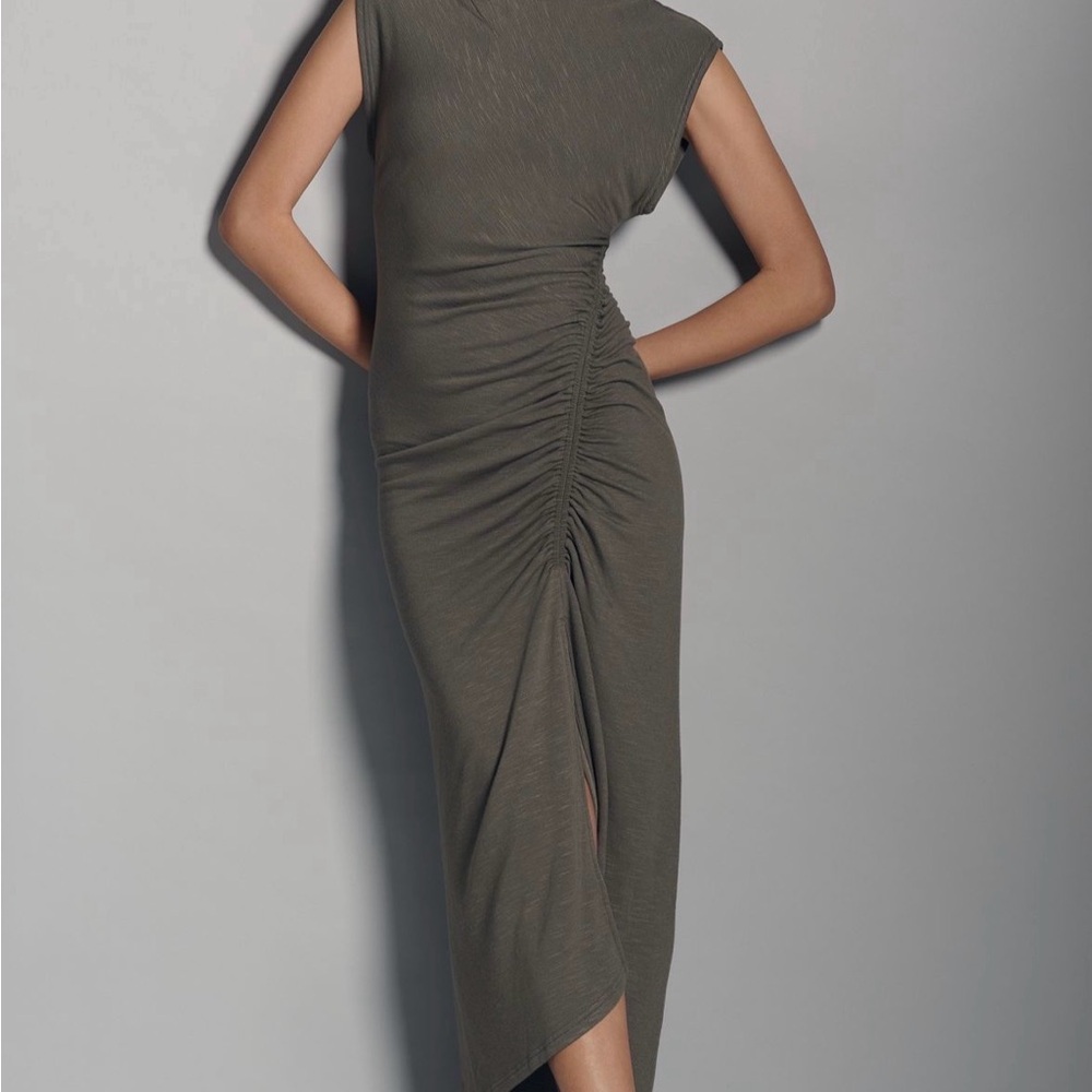 Daily Practice Olive Green Ruched Midi Dress